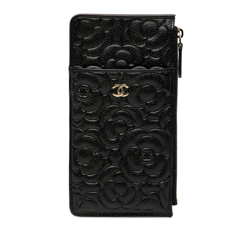シャネル ココマーク カメリア コインケース パスケース フラグメントケース ブラック キャビアスキン レディース CHANEL 【中古】