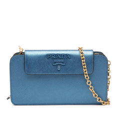 プラダ ロゴ チェーン ウォレット ショルダーバッグ 1DH048 ブルー サフィアーノレザー レディース PRADA 【中古】