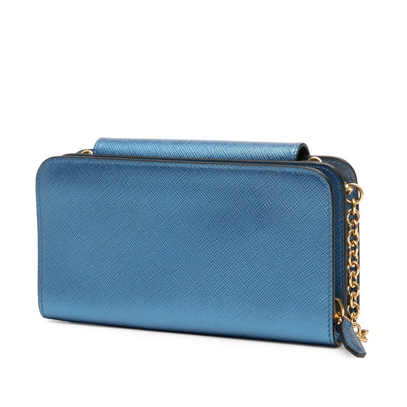 プラダ ロゴ チェーン ウォレット ショルダーバッグ 1DH048 ブルー サフィアーノレザー レディース PRADA 【中古】