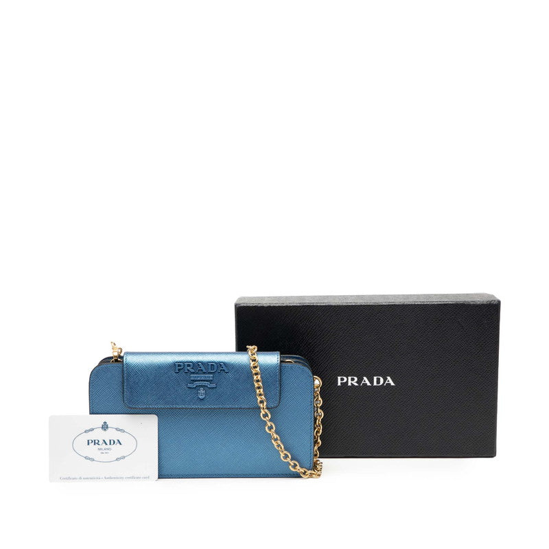 プラダ ロゴ チェーン ウォレット ショルダーバッグ 1DH048 ブルー サフィアーノレザー レディース PRADA 【中古】