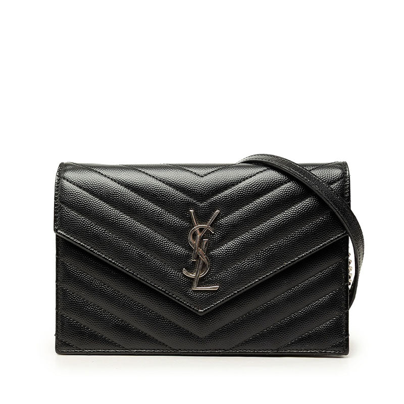サンローラン カサンドラ 斜め掛け チェーン ショルダーバッグ ウォレット ブラック レザー レディース SAINT LAURENT 中古