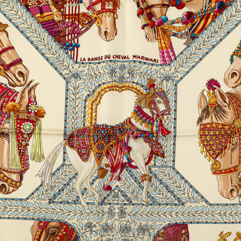 エルメス カレ90 LA DANSE DU CHEVAL MARWARI マールワーリ馬のダンス スカーフ ホワイト マルチカラー シルク レディース HERMES 【中古】