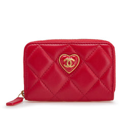 シャネル マトラッセ ココマーク ハート ラウンドファスナー コインケース レッド ラムスキン レディース CHANEL 【中古】