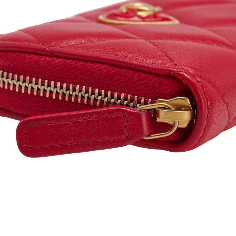 シャネル マトラッセ ココマーク ハート ラウンドファスナー コインケース レッド ラムスキン レディース CHANEL 【中古】