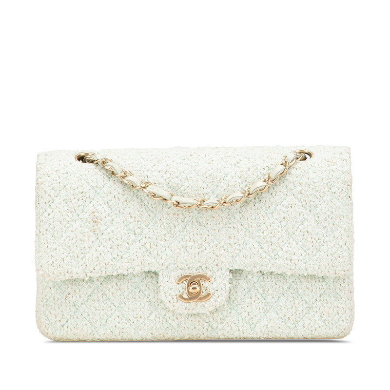 シャネル マトラッセ25 ココマーク Wフラップ チェーン ショルダーバッグ グリーン ミント ツイード レザー レディース CHANEL 【中古】