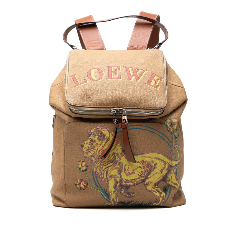 ロエベ ゴヤ ライオン ロゴ リュック バックパック ブラウン マルチカラー レザー レディース LOEWE 【中古】