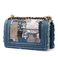 シャネル ボーイシャネル パッチワーク チェーン ショルダーバッグ ブルー ゴールド デニム レディース CHANEL 【中古】