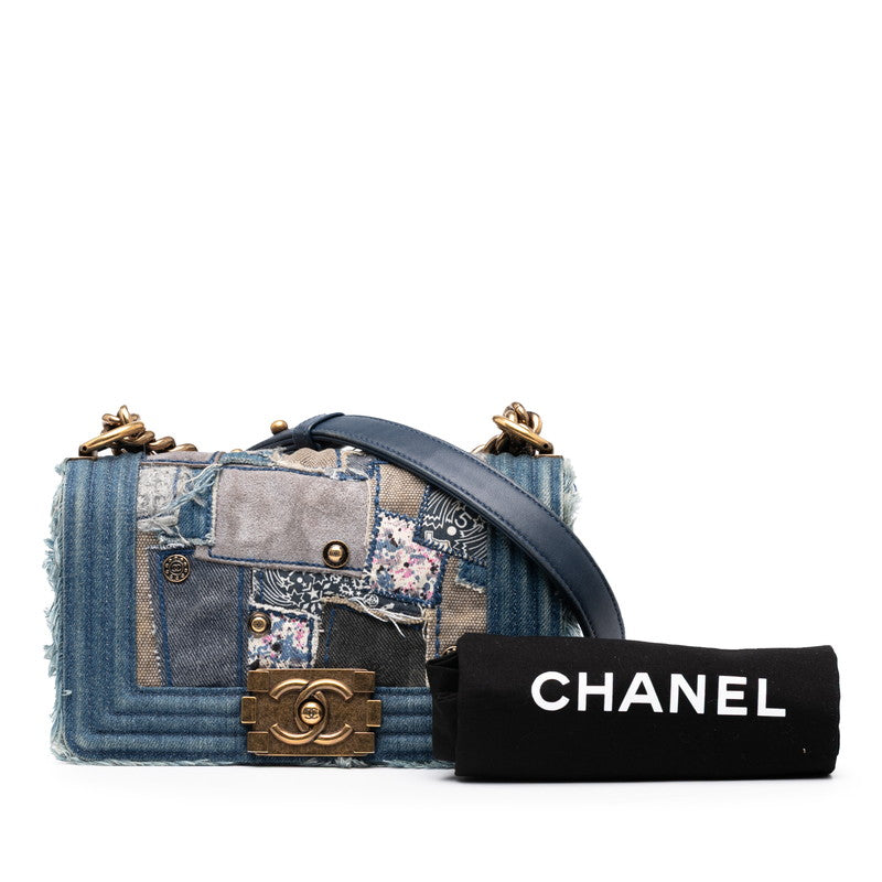 シャネル ボーイシャネル パッチワーク チェーン ショルダーバッグ ブルー ゴールド デニム レディース CHANEL 【中古】