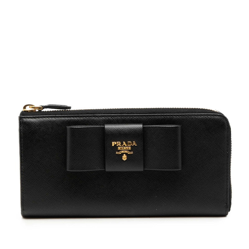 プラダ ロゴ リボン L字ファスナー 長財布 ロングウォレット 1M1183 ネロ ブラック サフィアーノレザー レディース PRADA 【中古】