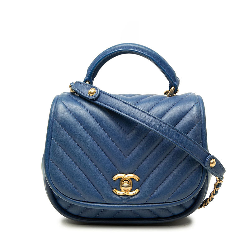 シャネル シェブロン ココマーク チェーン ショルダーバッグ ブルー ゴールド金具 ラムスキン レディース CHANEL 中古