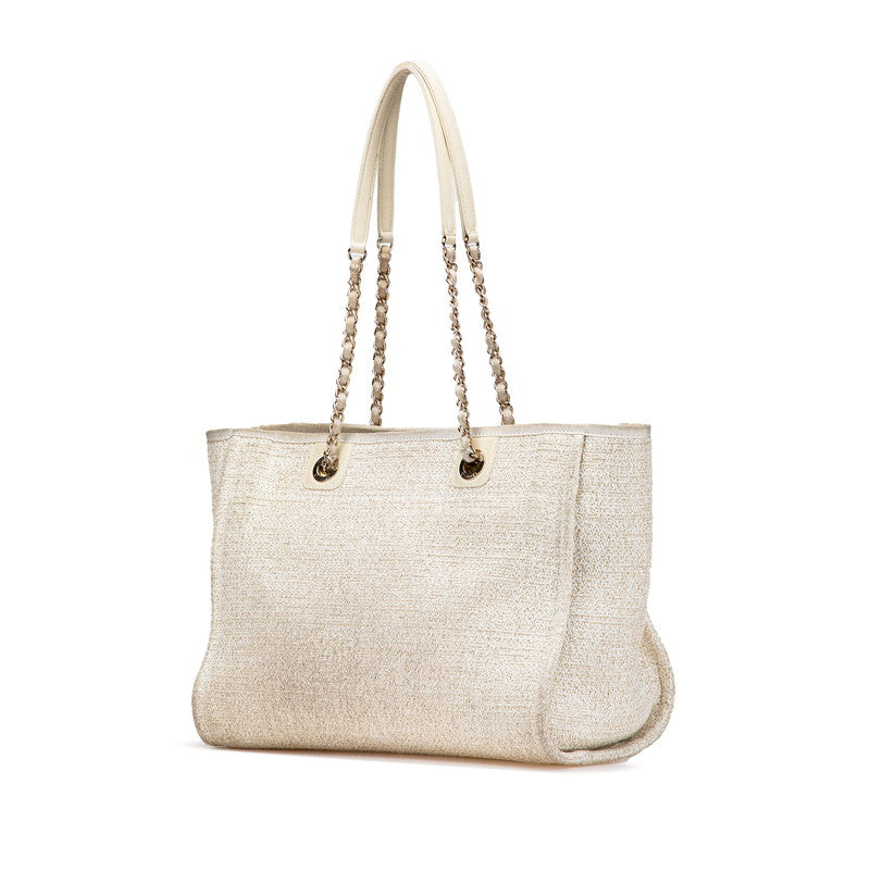 シャネル ドーヴィルMM チェーン トートバッグ ショルダーバッグ ホワイト ゴールド キャンバス レザー レディース CHANEL 【中古】