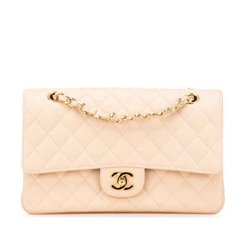 シャネル マトラッセ25 ココマーク ダブルフラップ チェーン ショルダーバッグ ベージュ キャビアスキン レディース CHANEL 【中古】