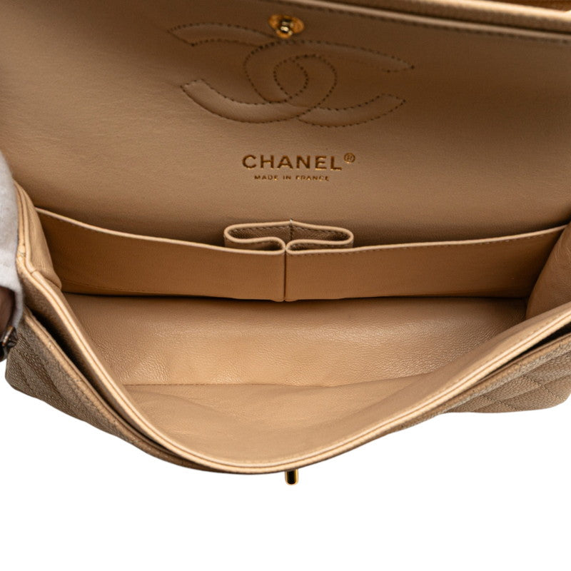 シャネル マトラッセ25 ココマーク ダブルフラップ チェーン ショルダーバッグ ベージュ キャビアスキン レディース CHANEL 【中古】