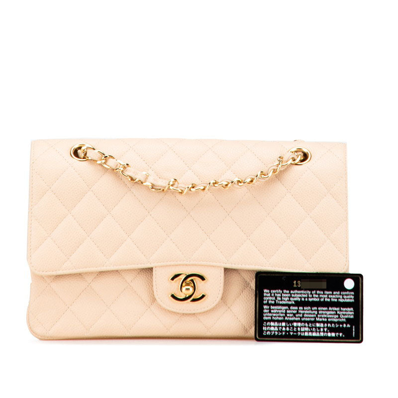 シャネル マトラッセ25 ココマーク ダブルフラップ チェーン ショルダーバッグ ベージュ キャビアスキン レディース CHANEL 【中古】