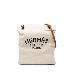 エルメス アリーヌMM ショルダーバッグ ベージュ ブラウン コットン レザー レディース HERMES 中古
