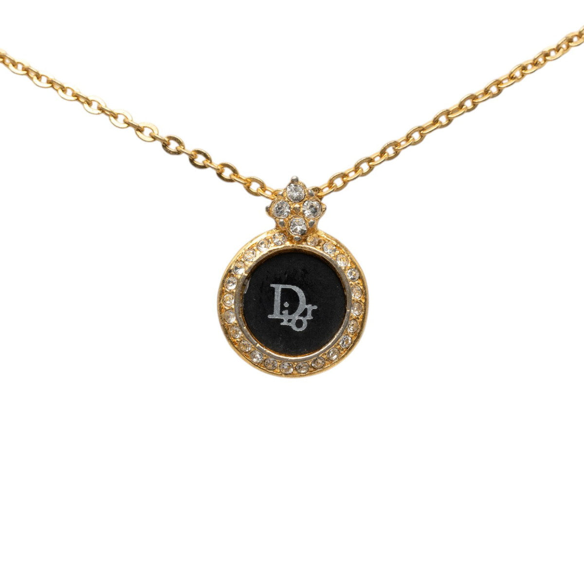 ディオール ロゴ ラウンド ネックレス ゴールド ブラック メッキ ラインストーン レディース Dior 中古