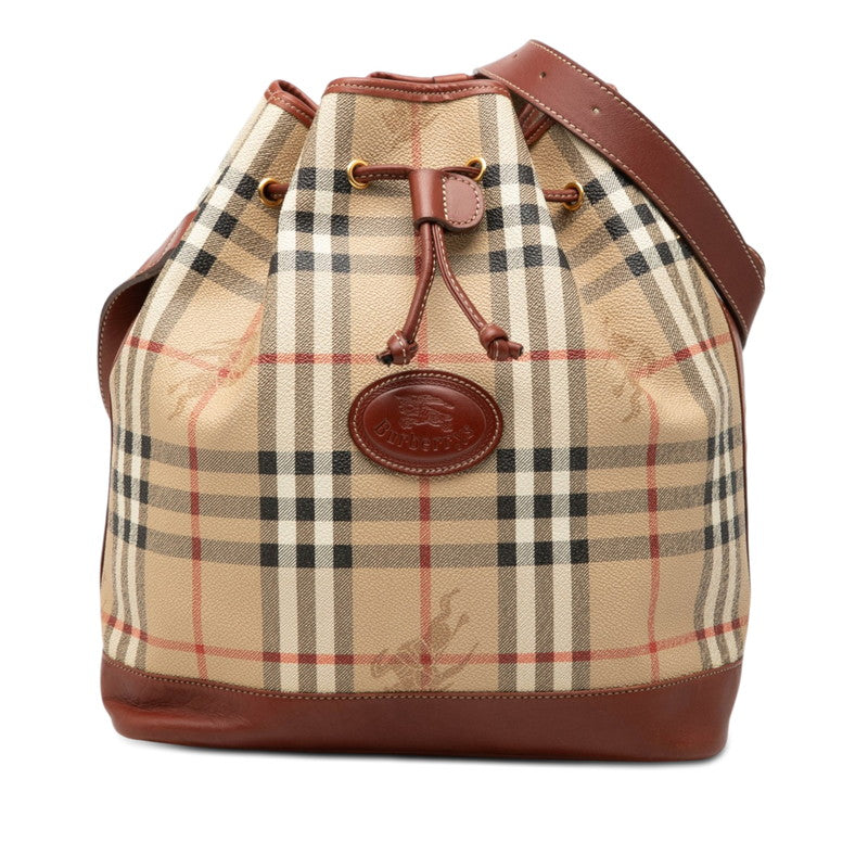 バーバリー ノバチェック 斜め掛け ショルダーバッグ 巾着 ベージュ ブラウン PVC レザー レディース BURBERRY 【中古】