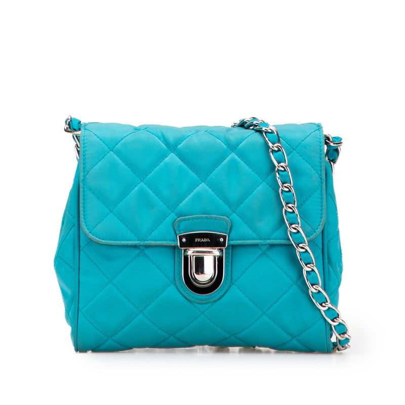 プラダ 斜め掛け チェーン ショルダーバッグ ライトブルー ナイロン レザー レディース PRADA 【中古】