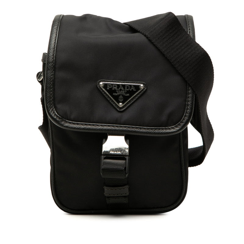 プラダ 三角ロゴプレート 斜め掛け ショルダーバッグ ブラック ナイロン レザー レディース PRADA 中古