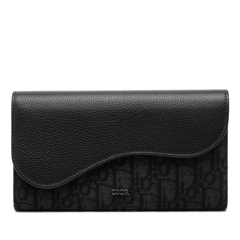 ディオール オブリーク サドル ロング フラップ ウォレット ジャガード 長財布 ブラック キャンバス レザー メンズ Dior 【中古】