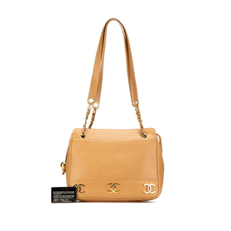 シャネル トリプルココマーク チェーン トートバッグ ショルダーバッグ ベージュ キャビアスキン レディース CHANEL 【中古】