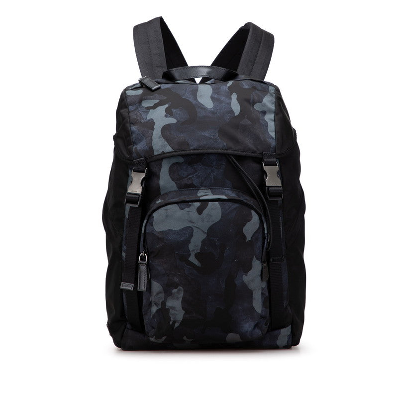 プラダ 三角ロゴプレート カモフラージュ リュック バックパック 2VZ135 ブラック ネイビー レザー メンズ PRADA 【中古】