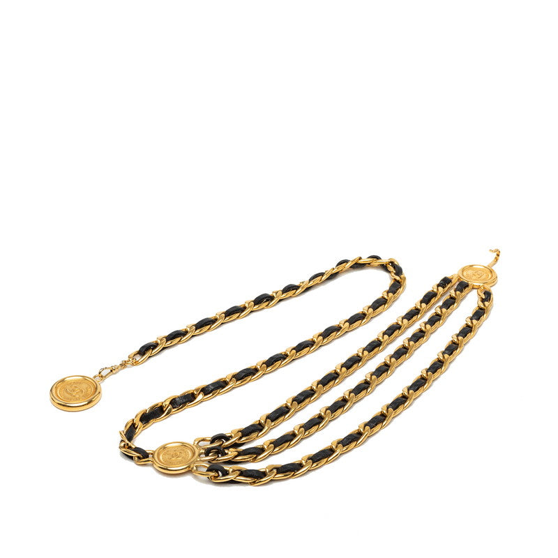 シャネル ココマーク 31 RUE CAMBON PARIS ３連 チェーンベルト ゴールド ブラック メッキ レザー レディース CHANEL 中古