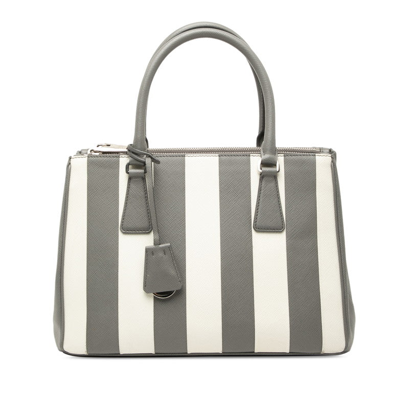 プラダ ガレリア ミディアム ストライプ ハンドバッグ 1BA863 グレー ホワイト サフィアーノレザー レディース PRADA 【中古】