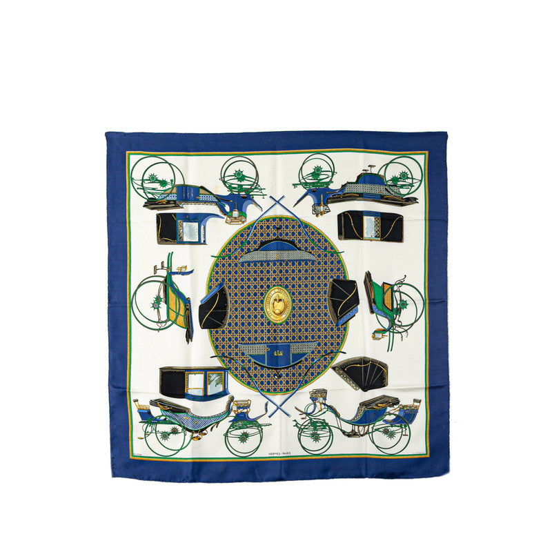 エルメス カレ90 LES VOITURES A TRANSFORMATION 折り畳み式幌馬車 スカーフ ホワイト ブルー マルチカラー シルク レディース HERMES 【中古】
