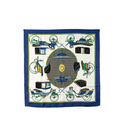 エルメス カレ90 LES VOITURES A TRANSFORMATION 折り畳み式幌馬車 スカーフ ホワイト ブルー マルチカラー シルク レディース HERMES 【中古】