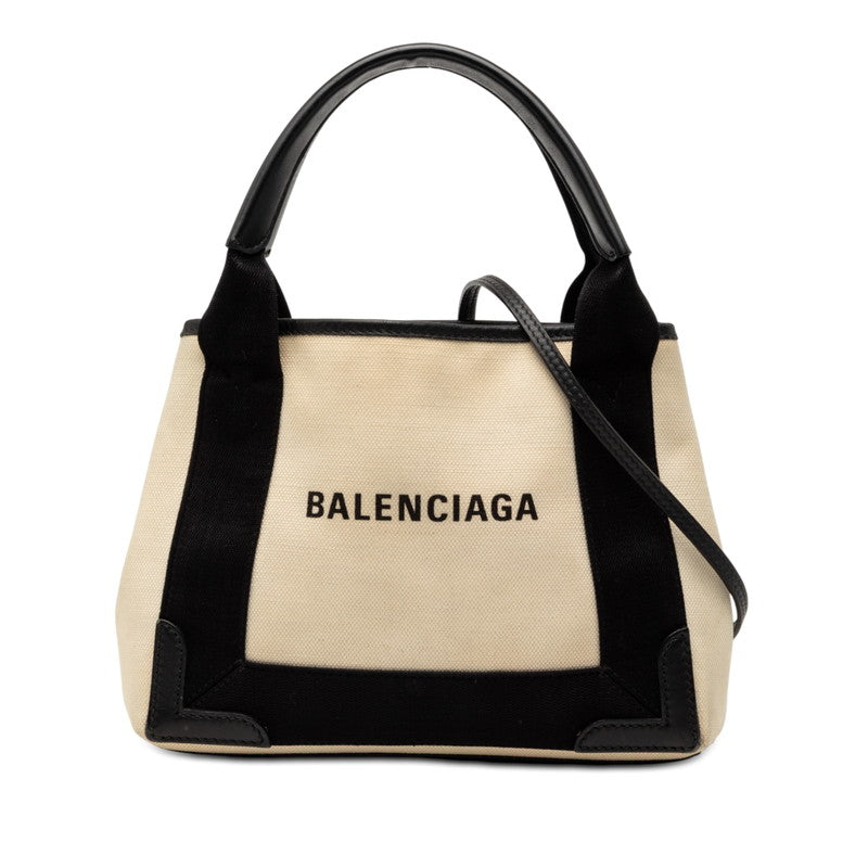 バレンシアガ ネイビー カバスXS ショルダーバッグ ハンドバッグ 2WAY 390346 アイボリー ブラック キャンバス レザー レディース BALENCIAGA 【中古】