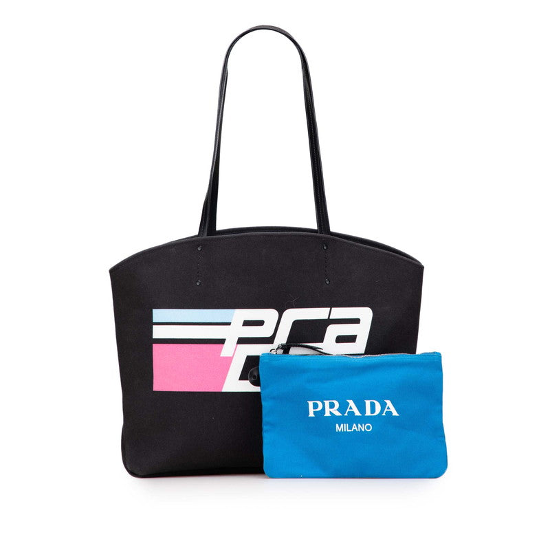 プラダ ロゴ トートバッグ ハンドバッグ ブラック キャンバス レザー レディース PRADA 【中古】