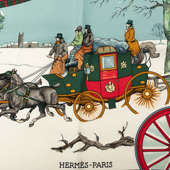 エルメス カレ90 冬の郵便馬車 L'Hiver en Poste スカーフ レッド マルチカラー シルク レディース HERMES 【中古】