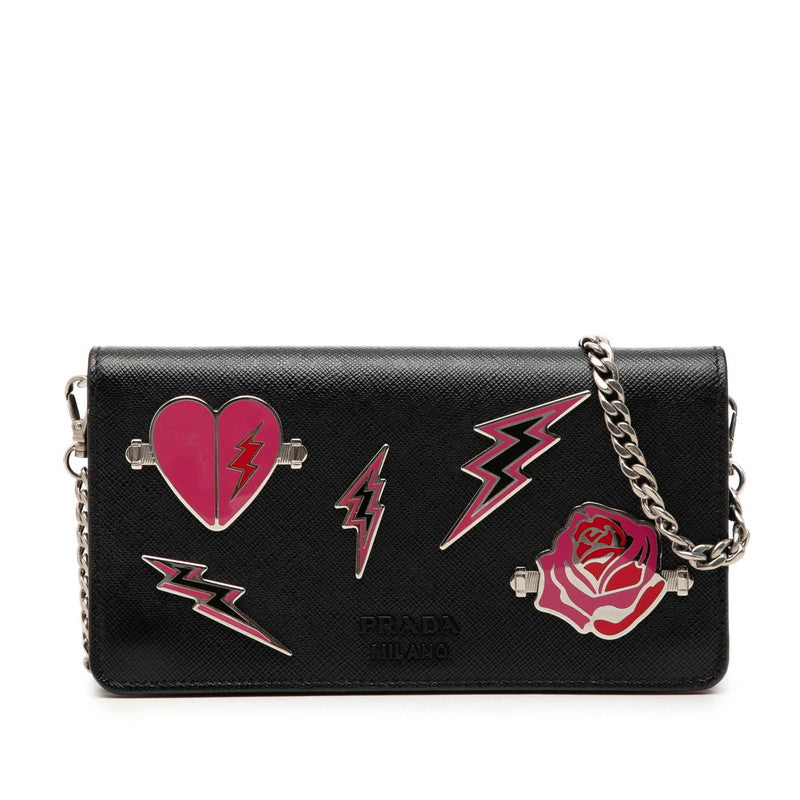 プラダ ローズ ハート チェーンウォレット ショルダーバッグ 1DH044 ブラック シルバー サフィアーノレザー レディース PRADA 中古