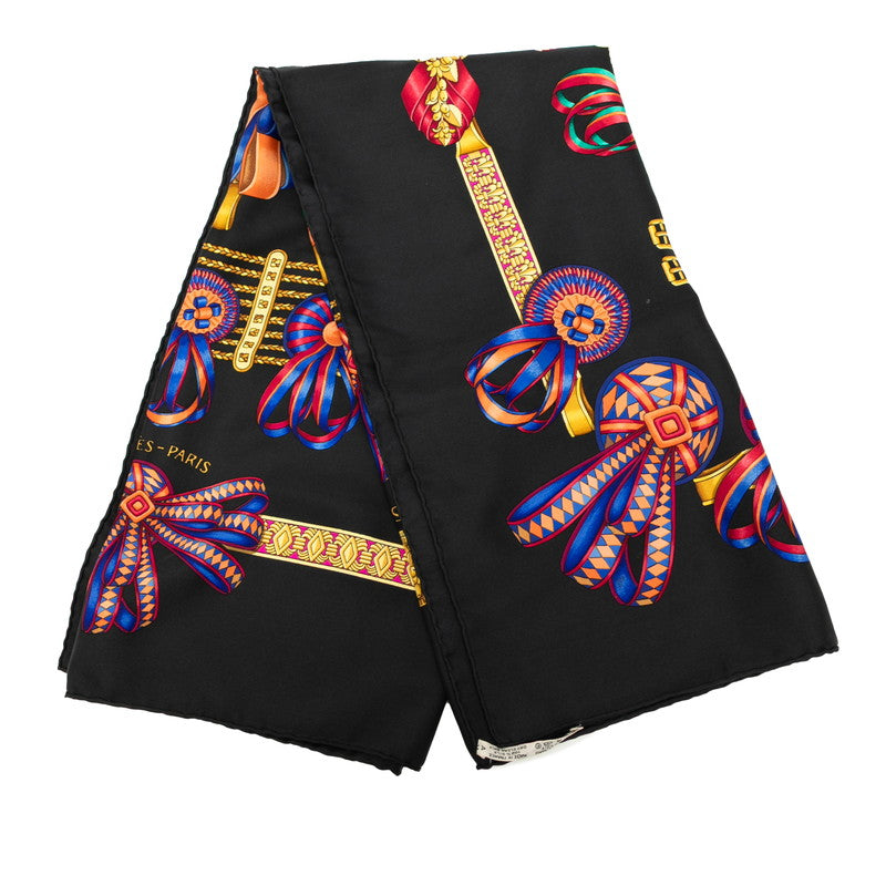 エルメス カレ90 LES RUBANS DU CHEVAL 馬のリボン飾り スカーフ ブラック ゴールド マルチカラー シルク レディース HERMES 【中古】