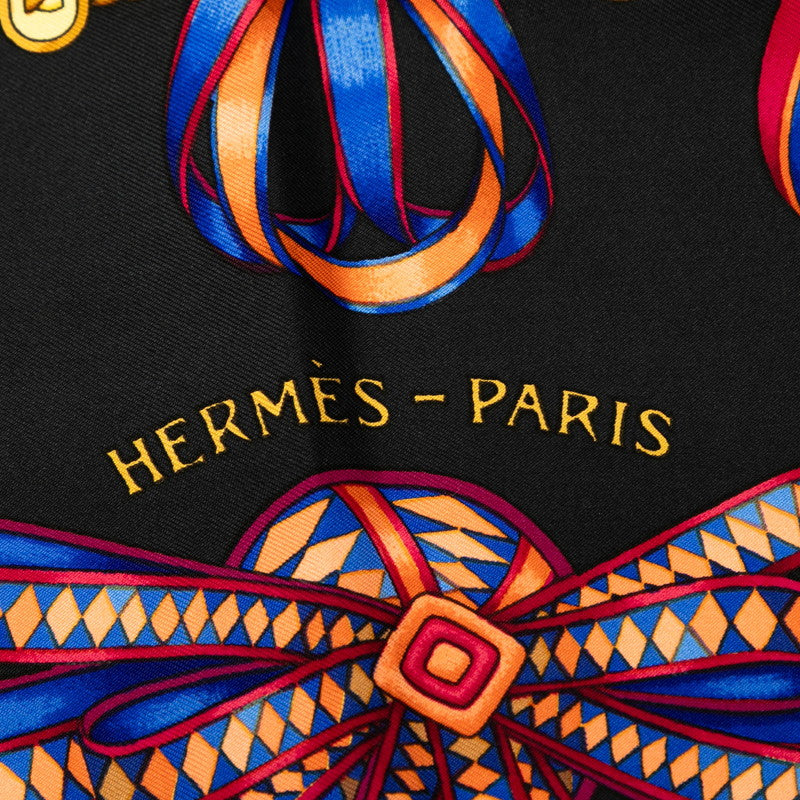 エルメス カレ90 LES RUBANS DU CHEVAL 馬のリボン飾り スカーフ ブラック ゴールド マルチカラー シルク レディース HERMES 【中古】