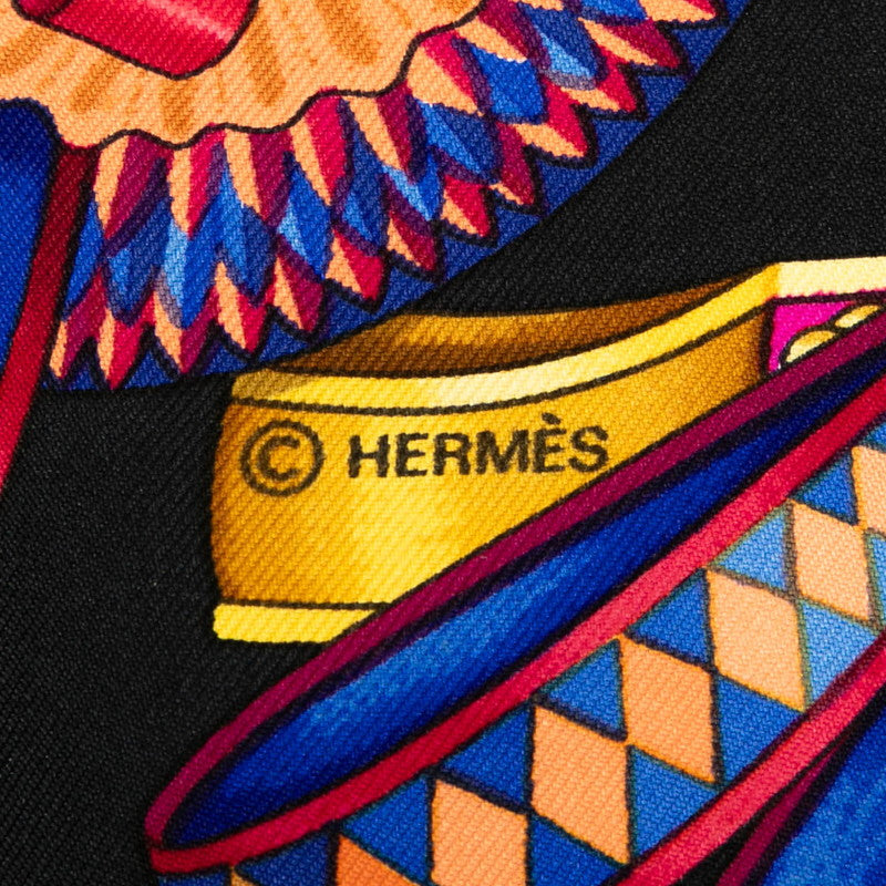 エルメス カレ90 LES RUBANS DU CHEVAL 馬のリボン飾り スカーフ ブラック ゴールド マルチカラー シルク レディース HERMES 【中古】