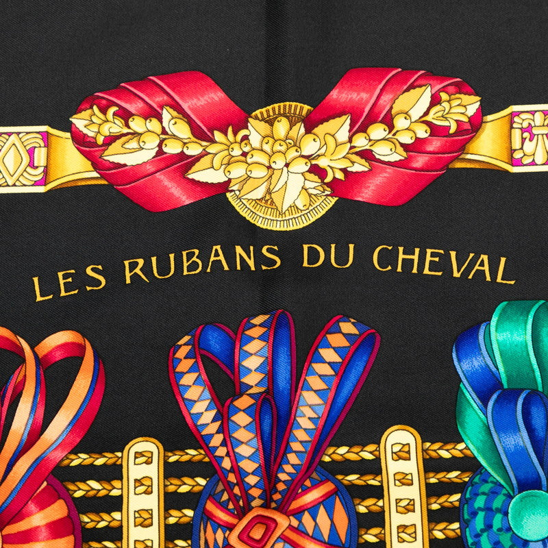 エルメス カレ90 LES RUBANS DU CHEVAL 馬のリボン飾り スカーフ ブラック ゴールド マルチカラー シルク レディース HERMES 【中古】