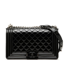 シャネル マトラッセ ココマーク ボーイシャネル25 チェーン ショルダーバッグ ブラック パテントレザー レディース CHANEL 中古