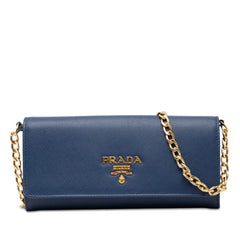 プラダ チェーン ショルダー ウォレット 1BP290 ブルー サフィアーノレザー レディース PRADA 【中古】