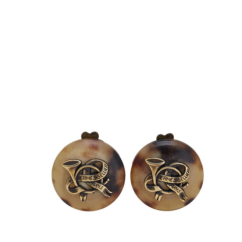 エルメス ラッパ トランペット リボン モチーフ イヤリング ベージュ ブラウン バッファローホーン メッキ レディース HERMES 【中古】