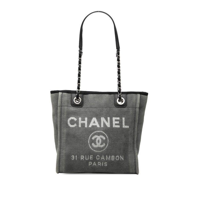 シャネル ドーヴィルPM チェーン トートバッグ ショルダーバッグ グレー ブラック キャンバス レザー レディース CHANEL 【中古】