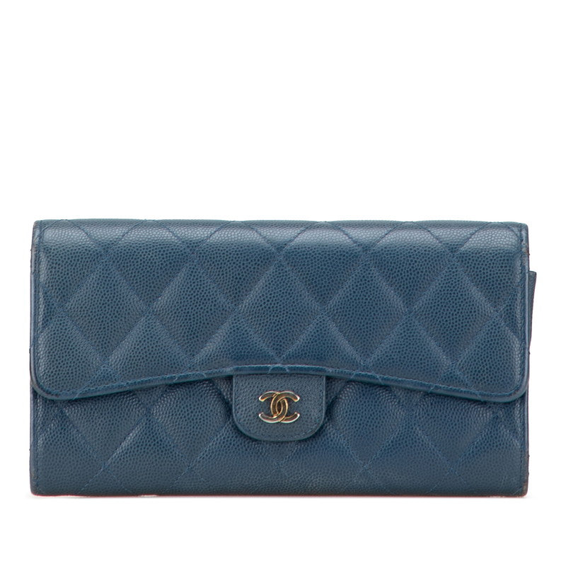 シャネル マトラッセ ココマーク 長財布 ブルー キャビアスキン レディース CHANEL 【中古】