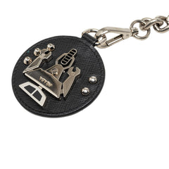 プラダ ロボモチーフ チェーン ロゴ ブローチ ブラック シルバー メタル サフィアーノレザー レディース PRADA 中古