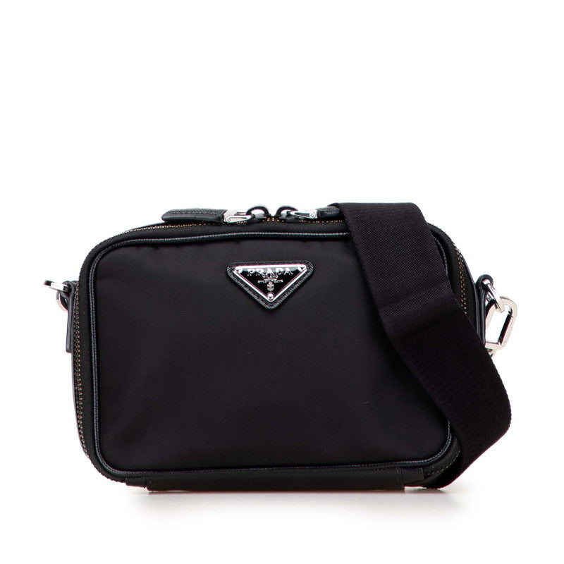 プラダ 三角ロゴプレート ショルダーバッグ ブラック ナイロン サフィアーノレザー レディース PRADA 【中古】