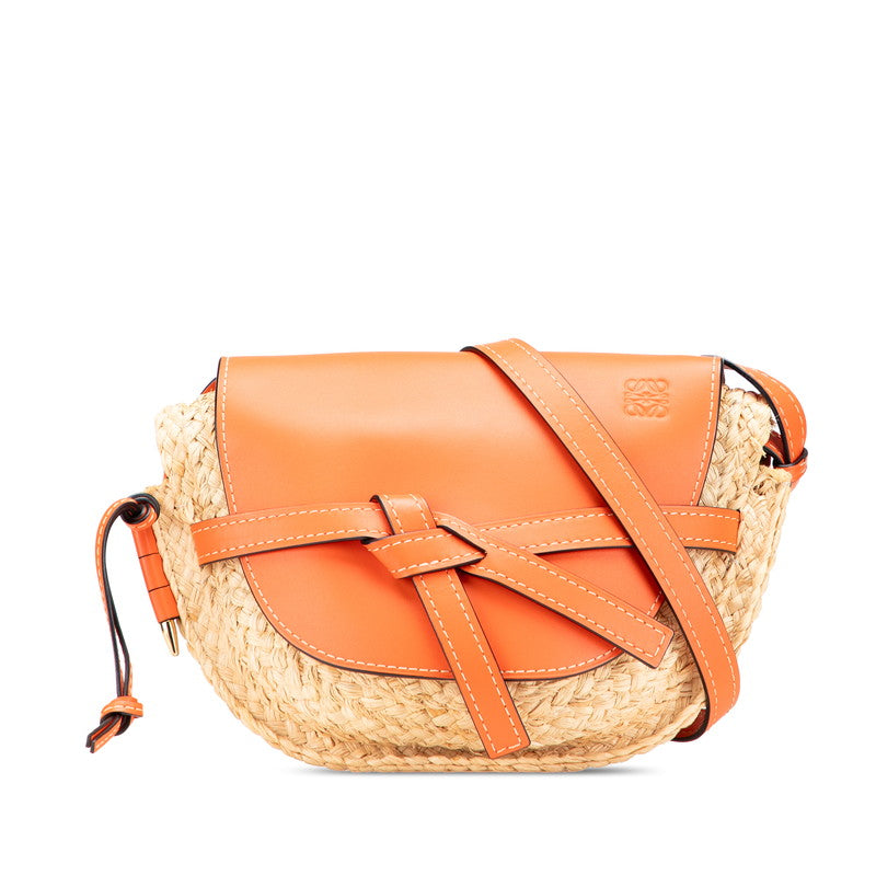 ロエベ アナグラム ゲート ショルダーバッグ オレンジ ベージュ ラフィア レザー レディース LOEWE 【中古】