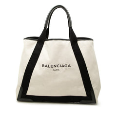 バレンシアガ ネイビーカバスM ハンドバッグ トートバッグ 339936 アイボリー ブラック キャンバス レザー レディース BALENCIAGA 中古
