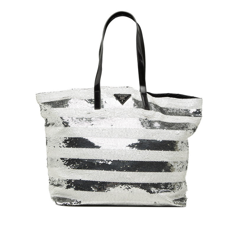プラダ ロゴ トートバッグ ショルダーバッグ ホワイト シルバー スパンコール エナメル レディース PRADA 【中古】