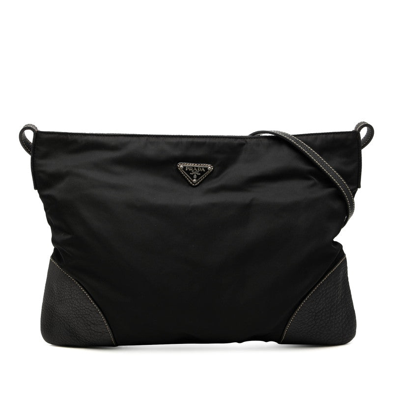 プラダ 三角ロゴプレート 斜め掛け ショルダーバッグ ブラック ナイロン レザー レディース PRADA 中古