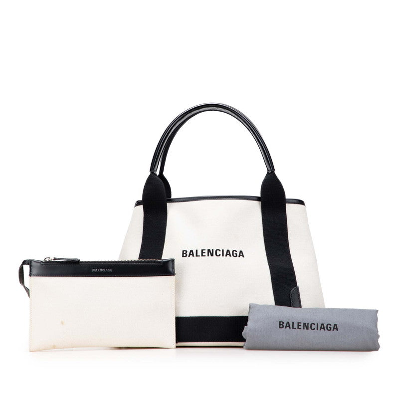 バレンシアガ ネイビーカバス S ハンドバッグ 339933 アイボリー ブラック キャンバス レザー レディース BALENCIAGA 【中古】